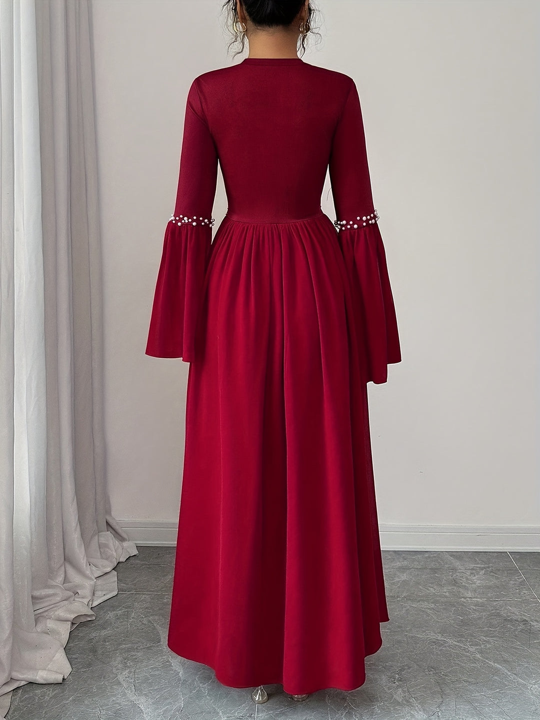 Beaded Round Neck Bell Sleeve A Line Maxi Wedding Guest Dress