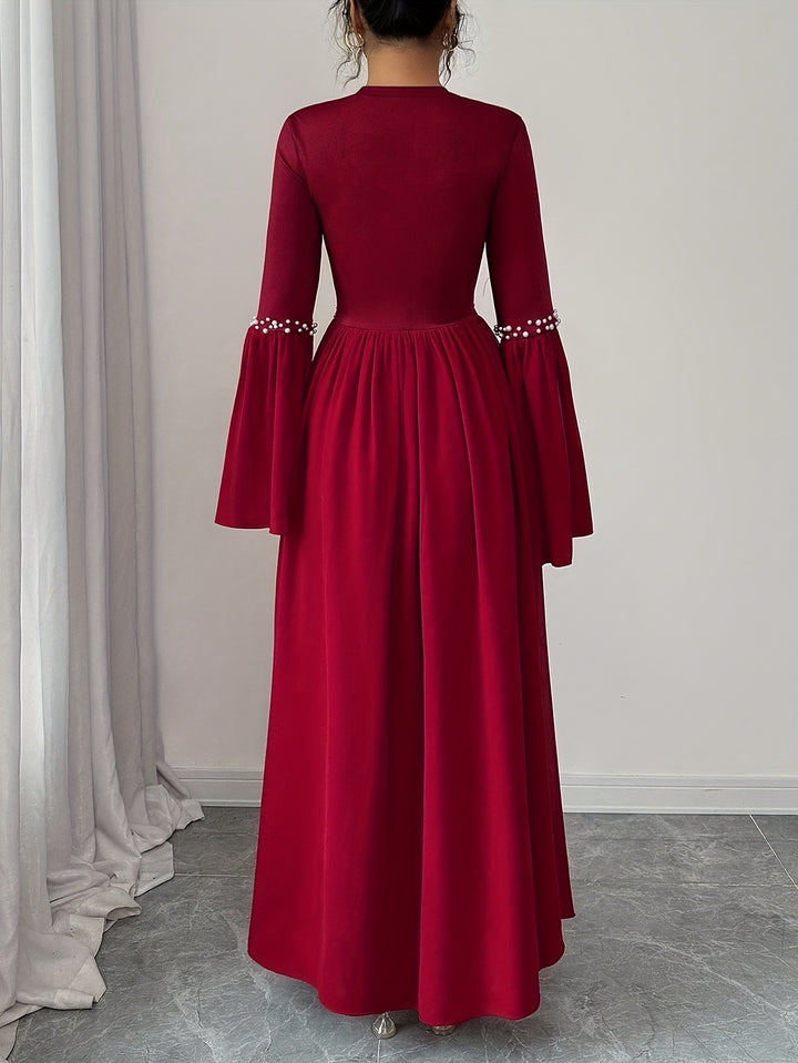 Beaded Round Neck Bell Sleeve A Line Maxi Wedding Guest Dress