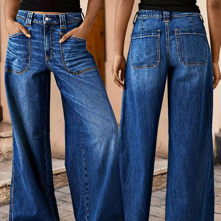 Georgia | Women's Blue Denim Wide Leg Pockets Casual Relaxed Jeans