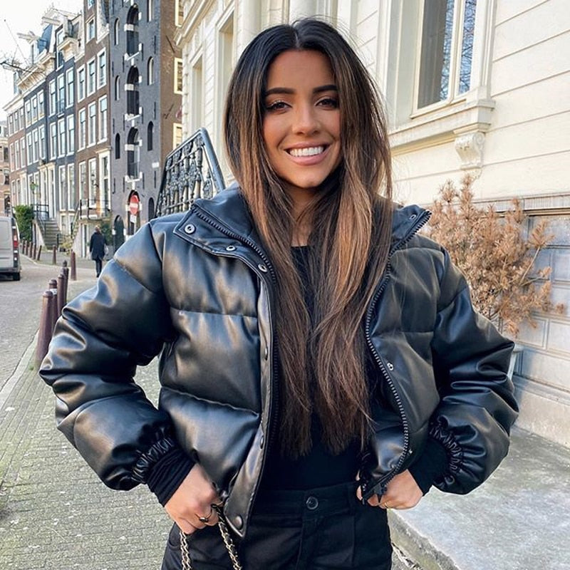 Colleen | Women Leather Black Puffer Jacket