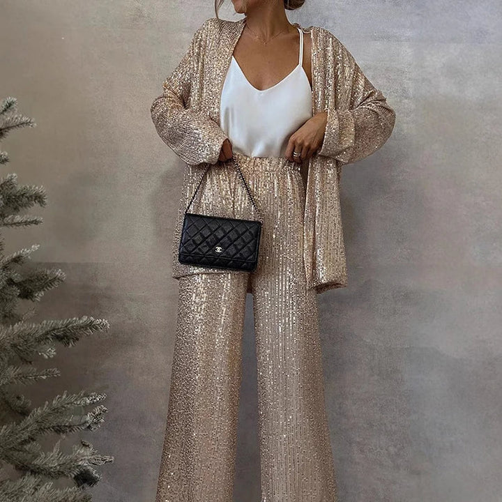 Two Piece Set Sequin Open Front Wide Leg Pant