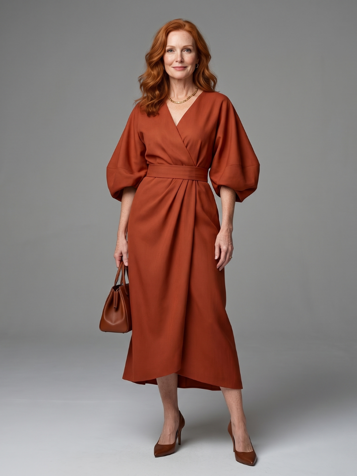 Beryl | Women's Brown Puff Sleeve Wrap Belted Midi Dress