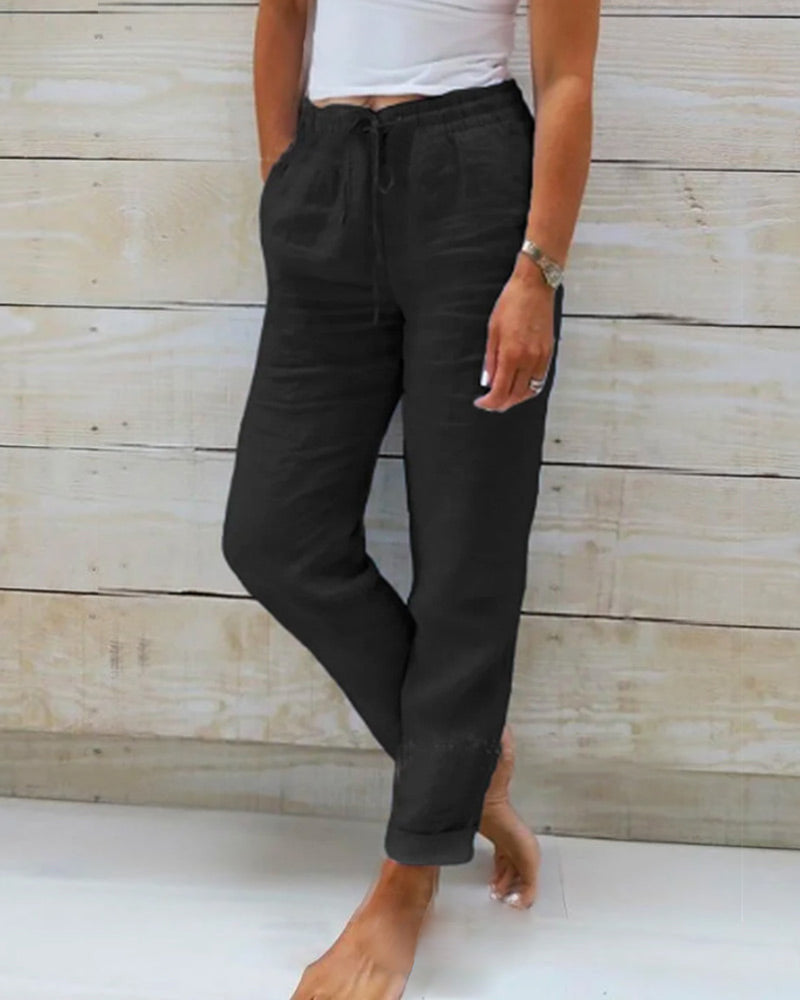Eden | Women's Linen Straight Leg Drawstring Casual Pockets Pants