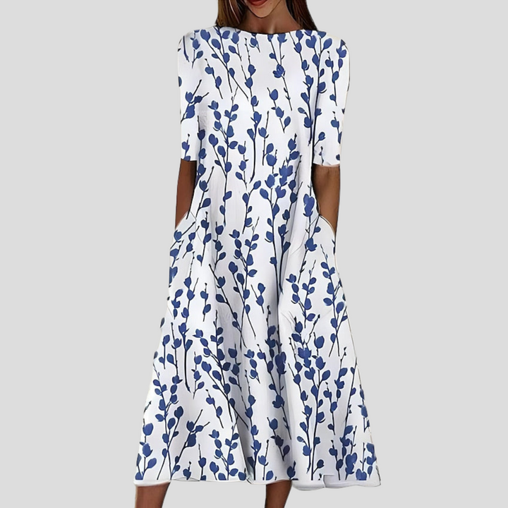 Savannah | Women's Plaid Crew Neck Short Sleeve Stretchy Casual Midi Breathable Dress