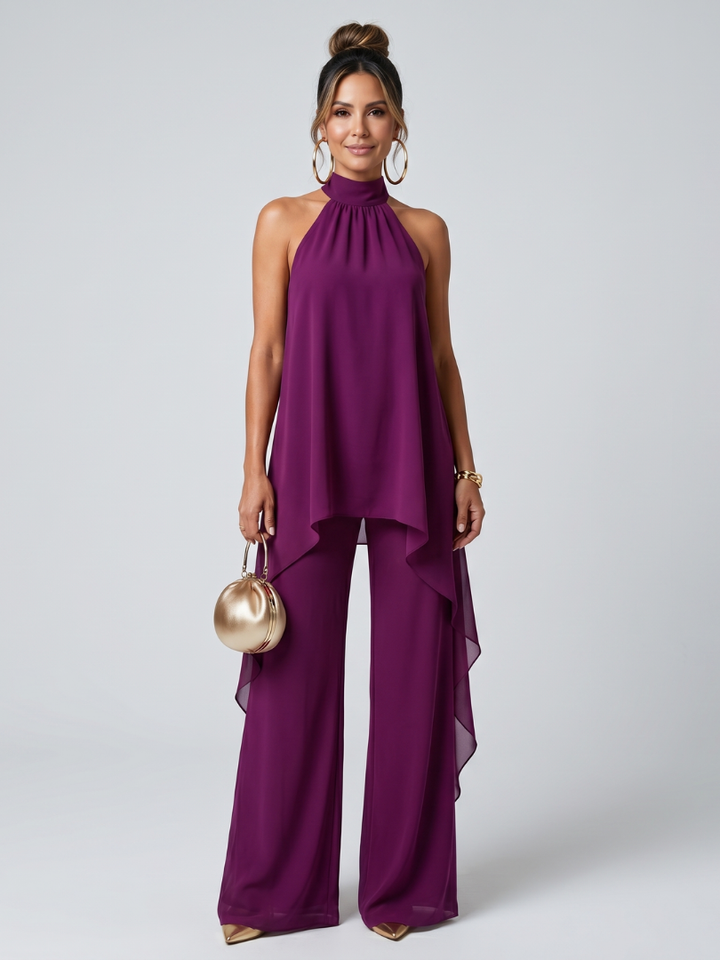 Zareen | Women's Purple Halter High Low Wide Leg Two Piece Set