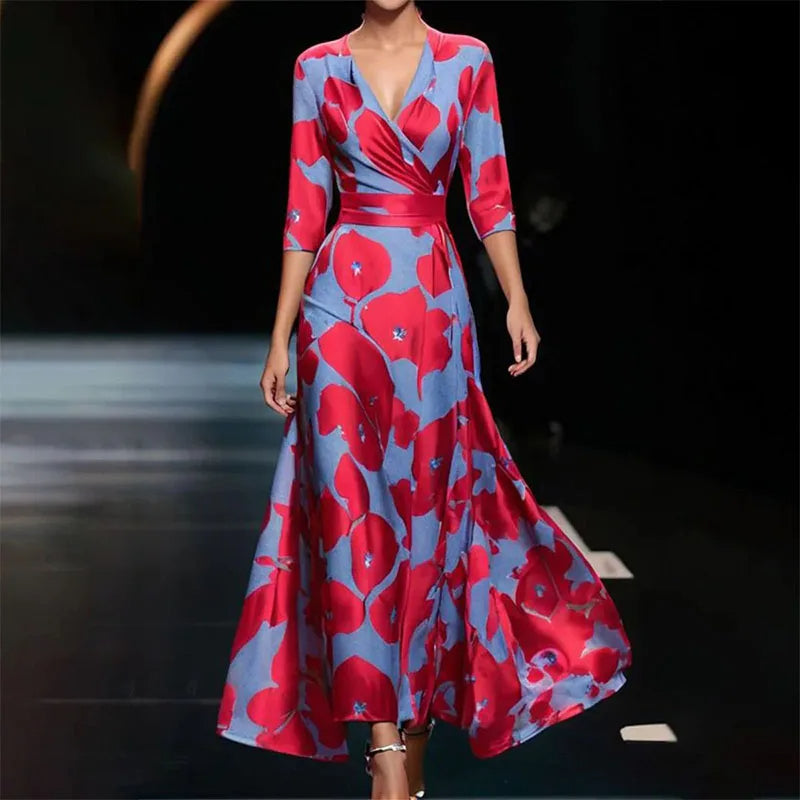Echo | Women's Floral V Neck Short Sleeve Wrap Front Casual Maxi Pockets Dress