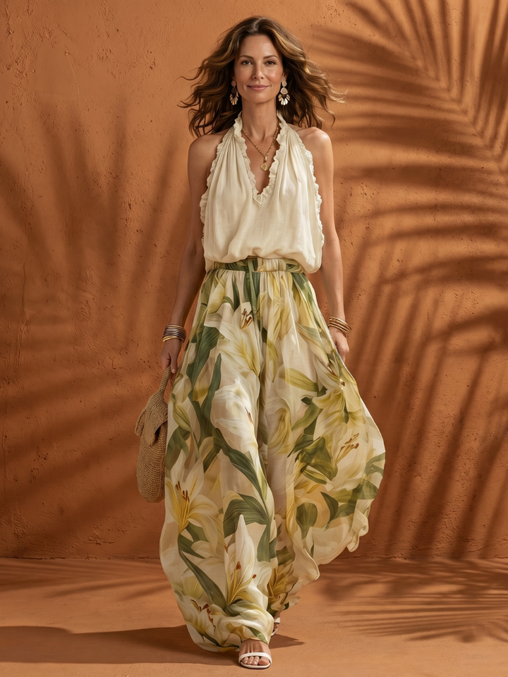 Solange | Women's Halter Floral Wide Leg Two Piece Set