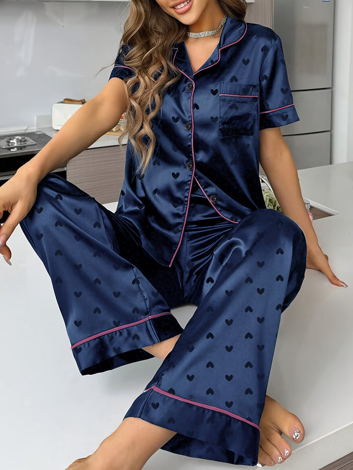 London | Women's Navy Satin Button Front Casual Pajama Sequin Set