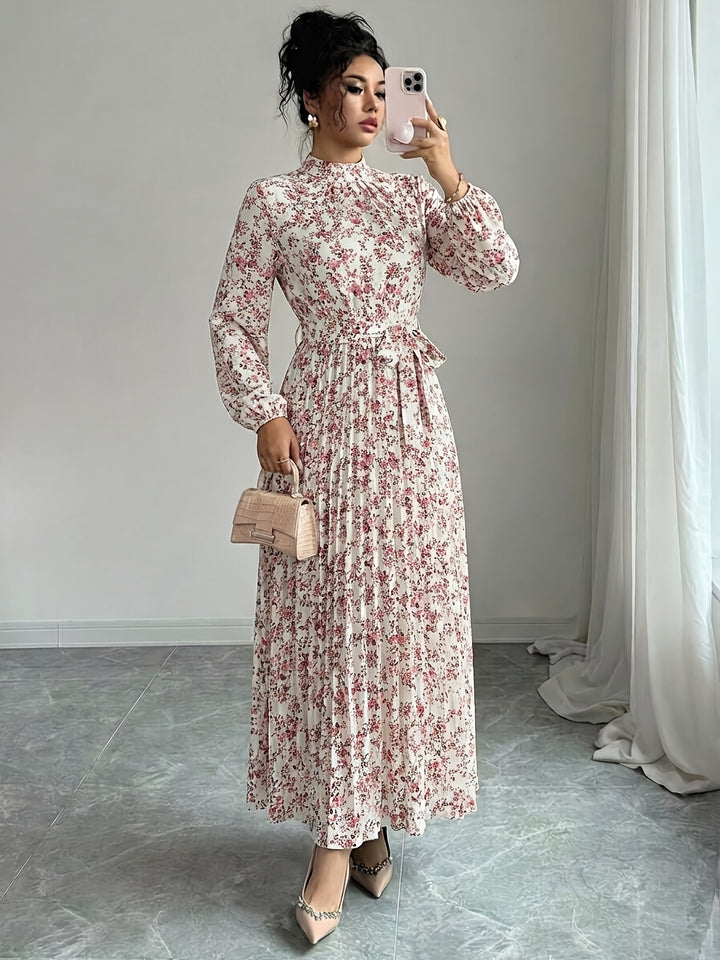 Elegant Floral Long Sleeve Midi Dress for Women with Collared Casual Style