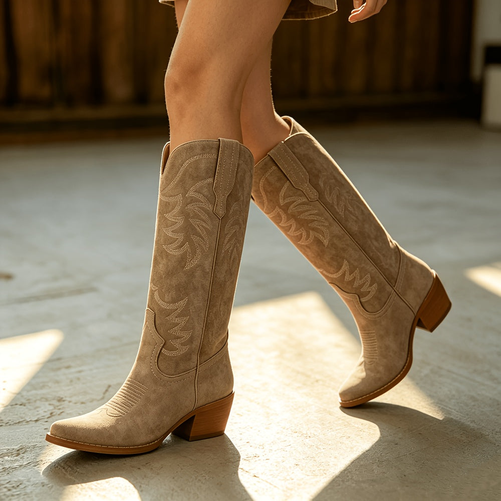Yael | Women's Brown Knee High Wide Calf Cowboy Boots for Women