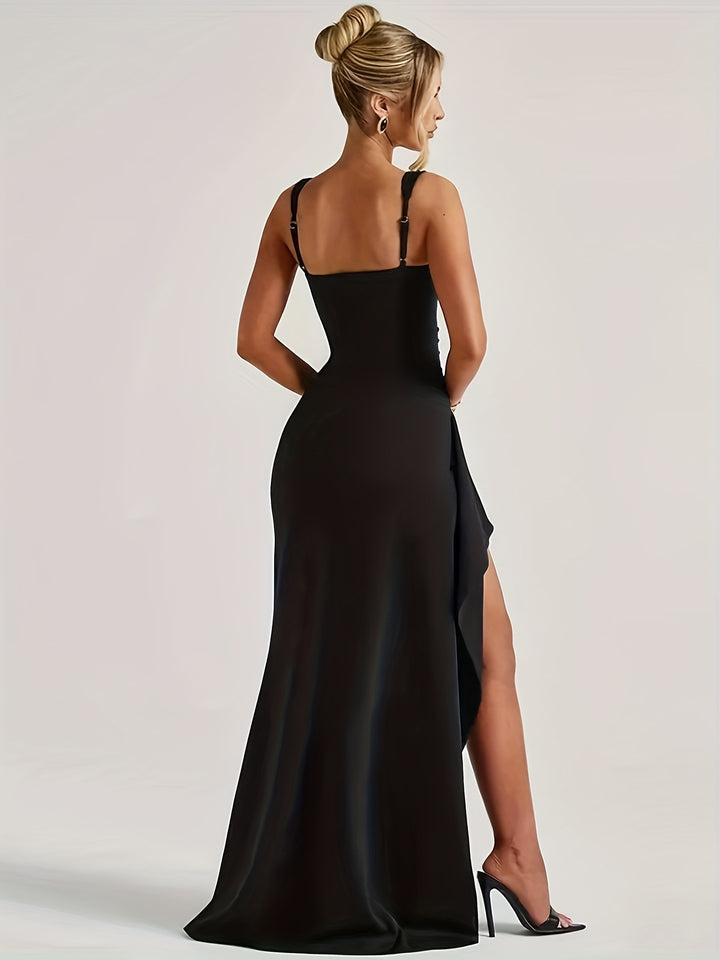 Women's Black Ruched Square Neck High Slit Bodycon Formal Wedding Guest Maxi Dress