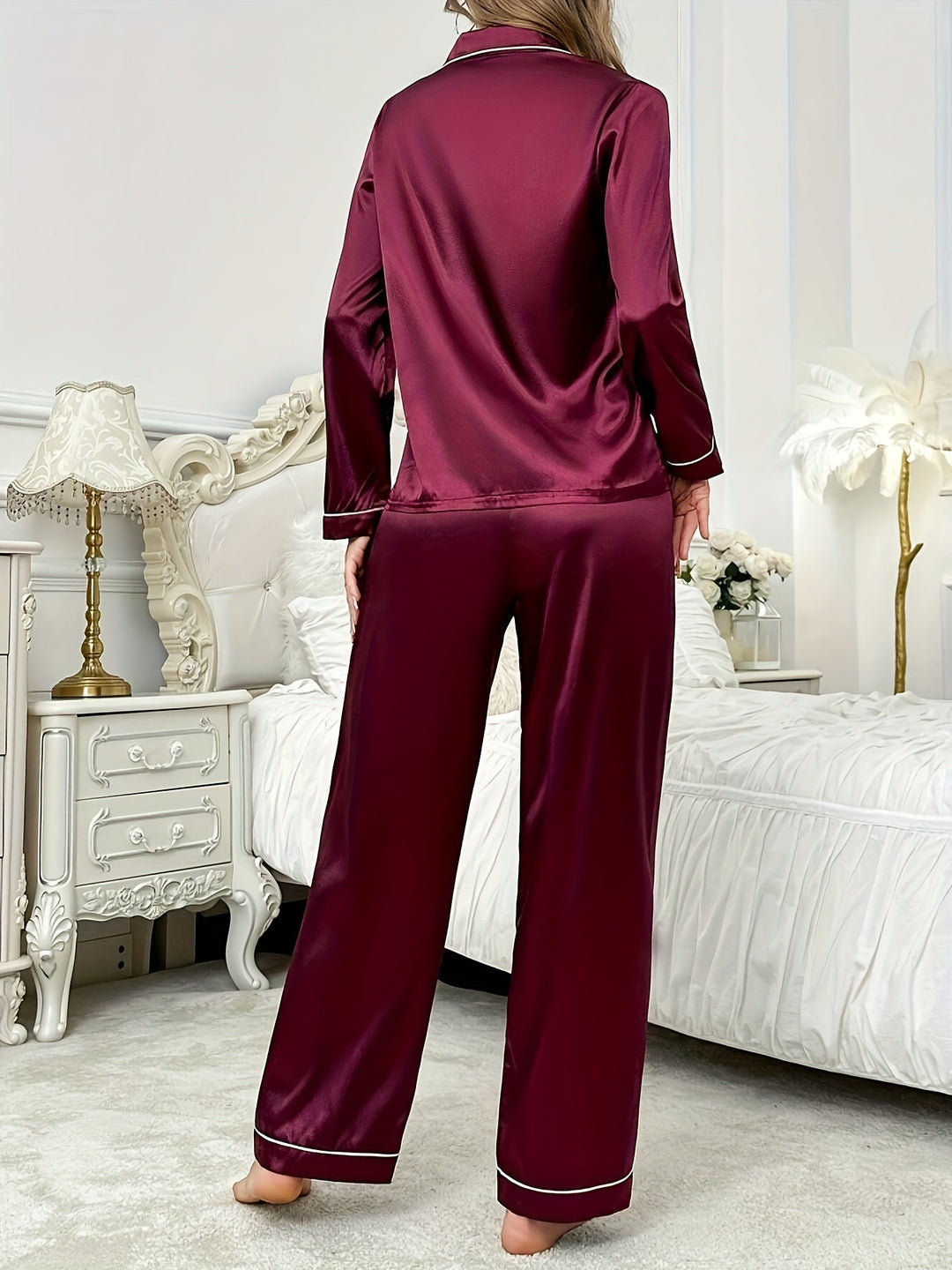 Comfortable Burgundy Satin Pajamas for Women with Collared Long Sleeve Button Front Plus Size Style