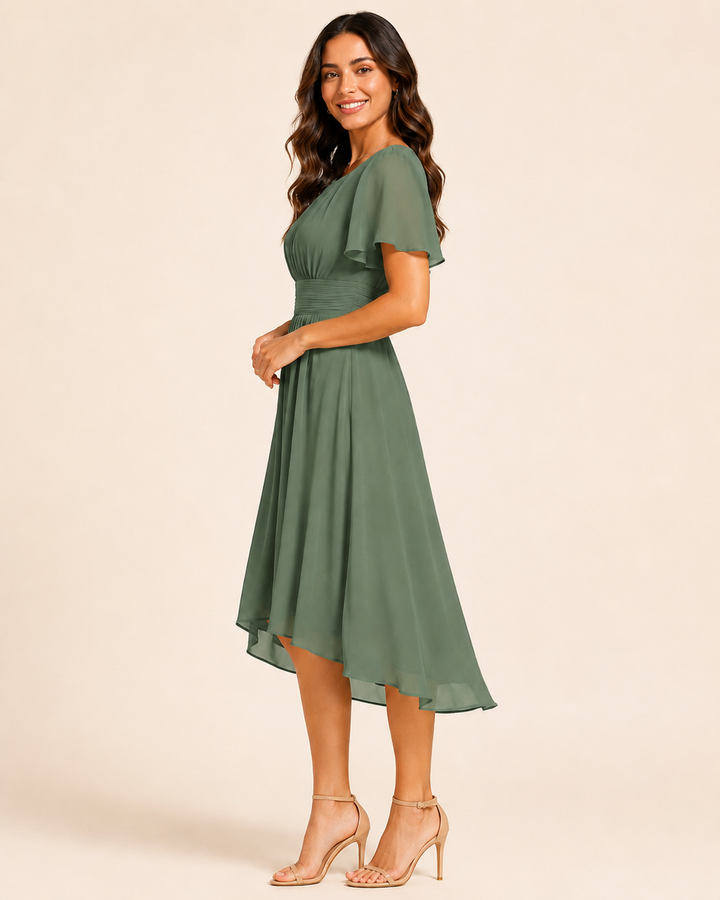Blair | Women's Crew Neck Flutter Sleeve Pleated Cocktail Dress