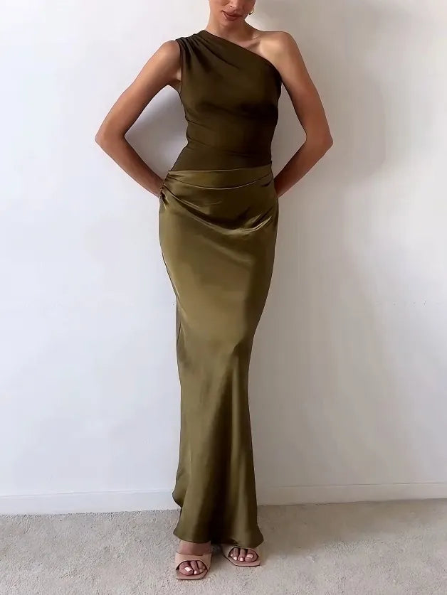 Berhtgyth | Women One Shoulder Satin Holiday Dress