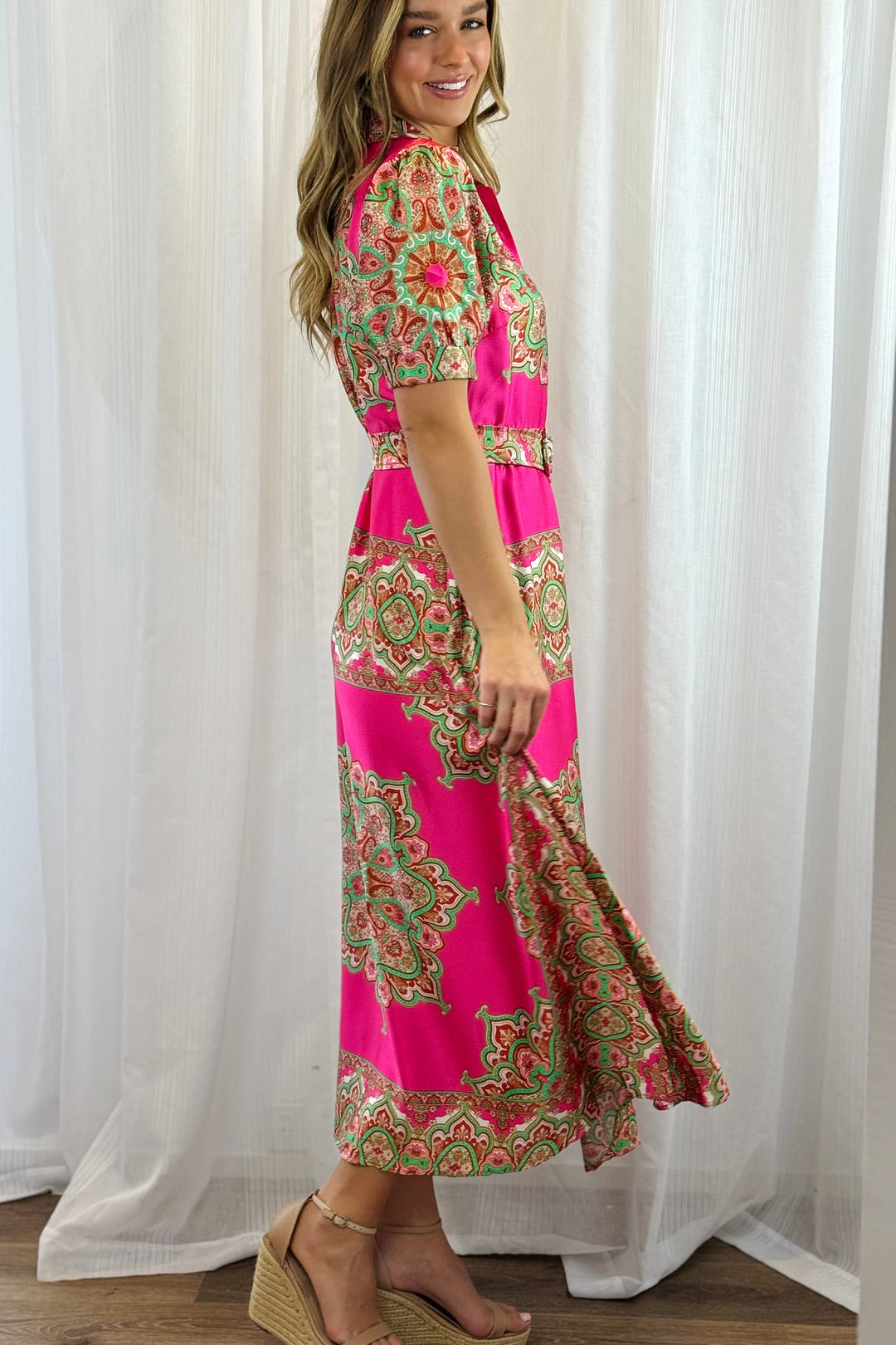 Llinos | Women Paisley Shirt Pink Midi Dress