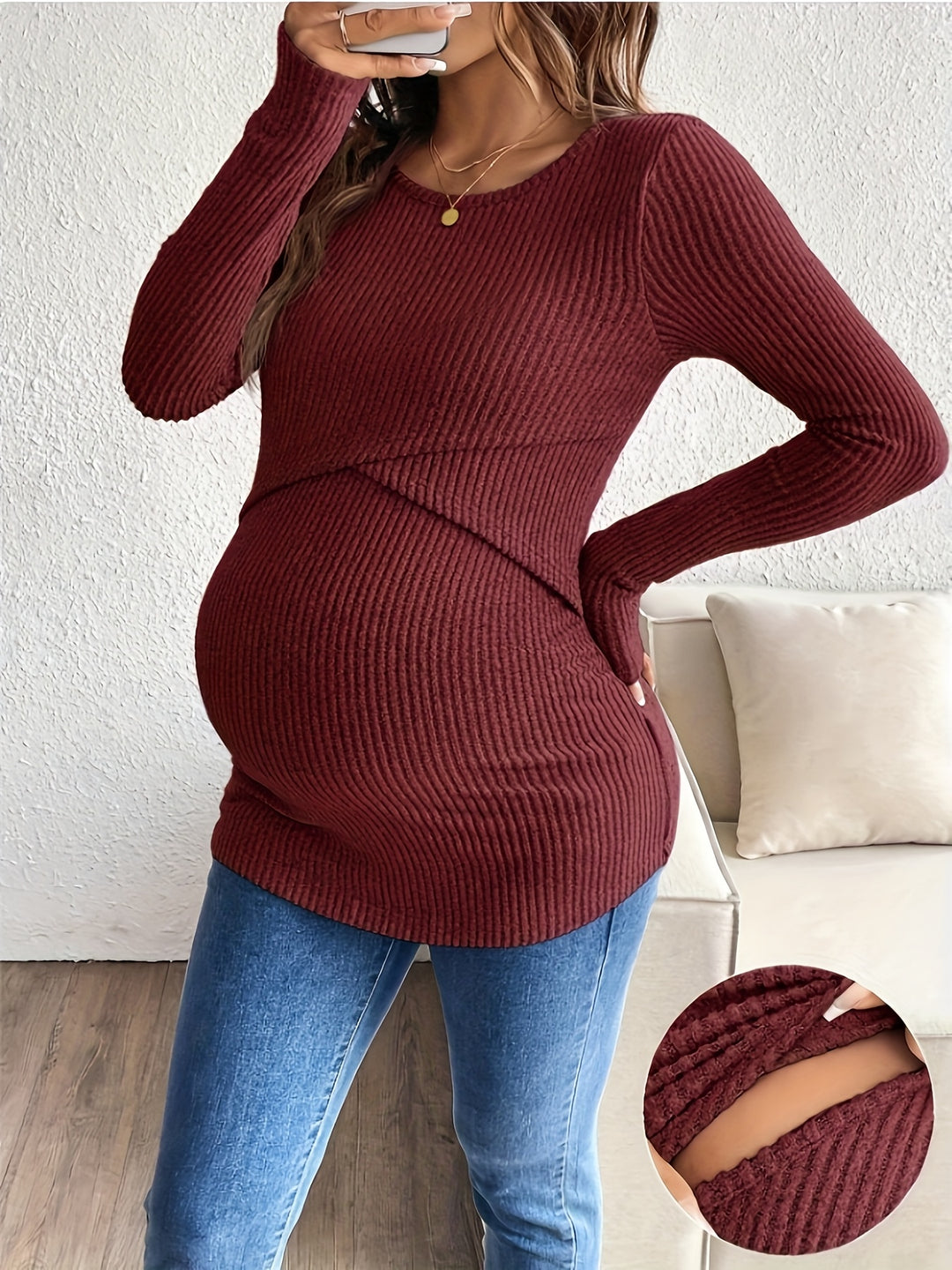 Elegant Beige Knit Maternity Top for Women with Scoop Neck Long Sleeve Plus Size Style