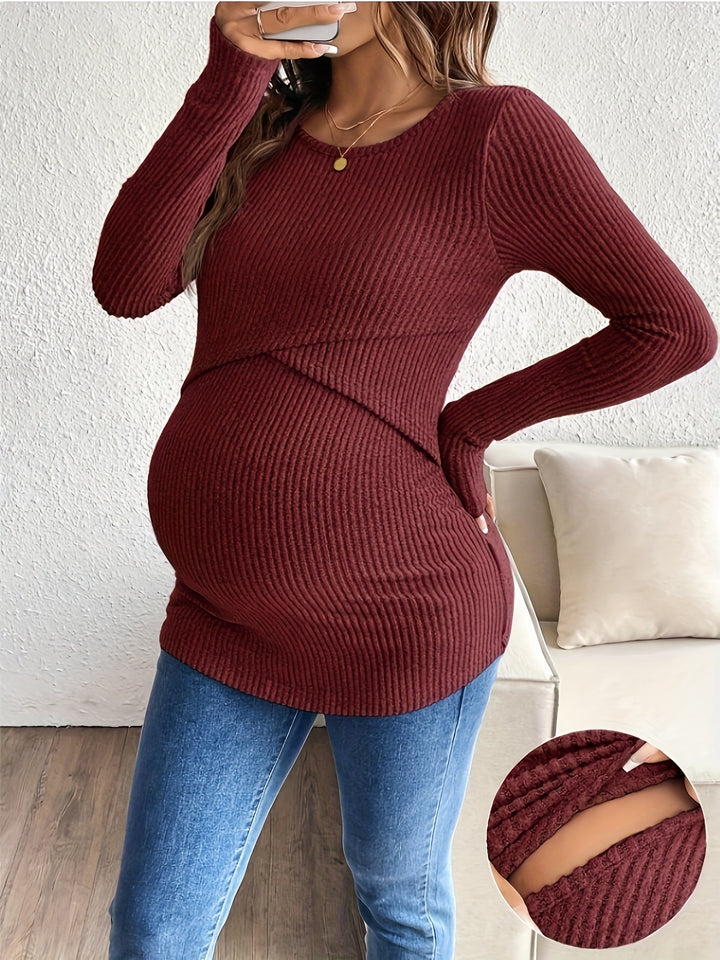 Elegant Beige Knit Maternity Top for Women with Scoop Neck Long Sleeve Plus Size Style