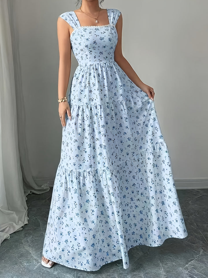 Elegant Floral Maxi Dress for Women with Square Neck Sleeveless Tiered Lace Up Plus Size Flowy Casual Style