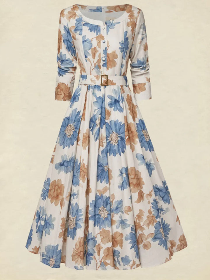 Mirabel | Women's White Floral Square Neck Elbow Sleeve Belted Wedding Guest Pockets Dress