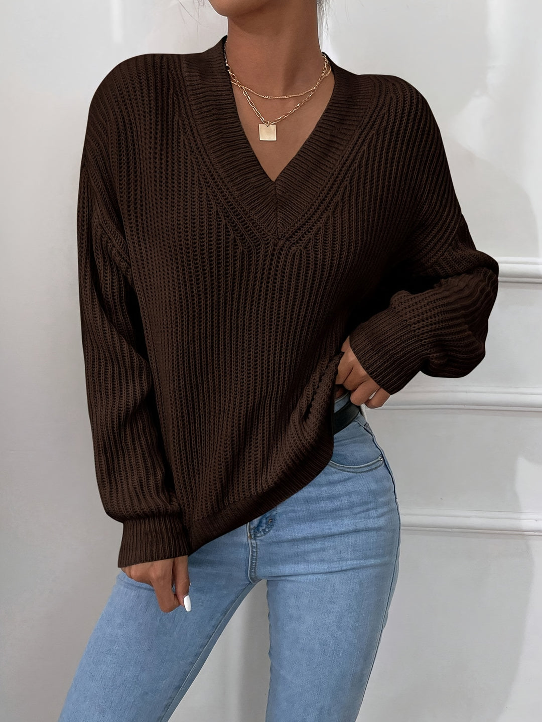 Soft Dark Brown Fall Sweater for Women with V-neck