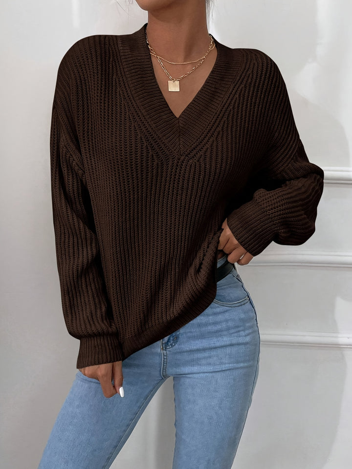 Soft Dark Brown Fall Sweater for Women with V-neck