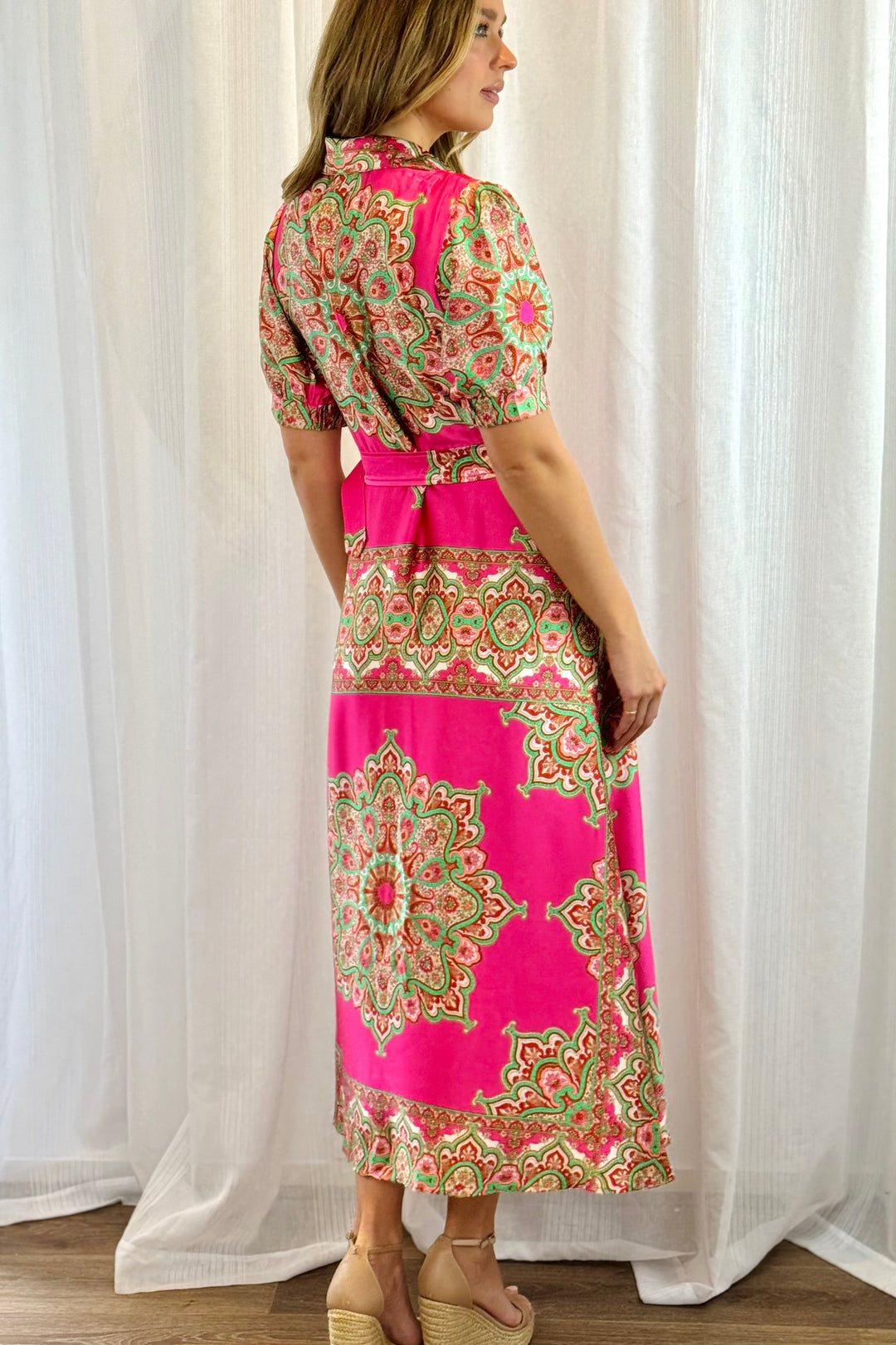Llinos | Women Paisley Shirt Pink Midi Dress