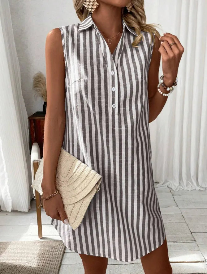 Collared Sleeveless Button Front Striped Casual Shirt Dress Mini Sundress