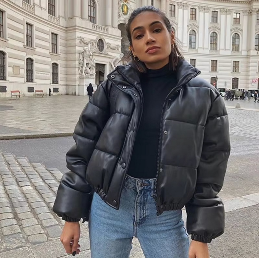 Colleen | Women Leather Black Puffer Jacket