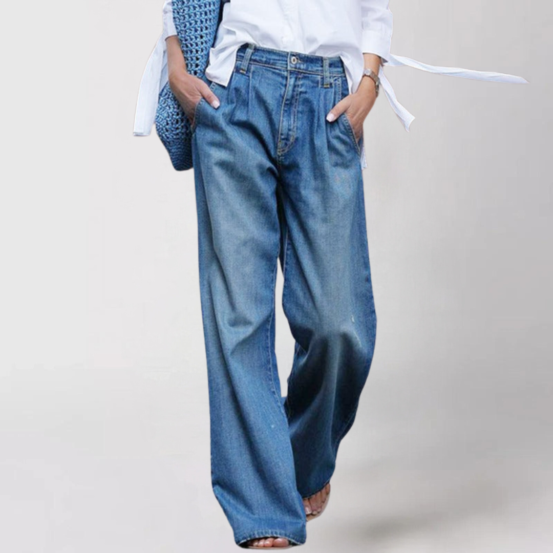 Katerina | Women Pleated Wide Leg High Waisted Blue Jeans