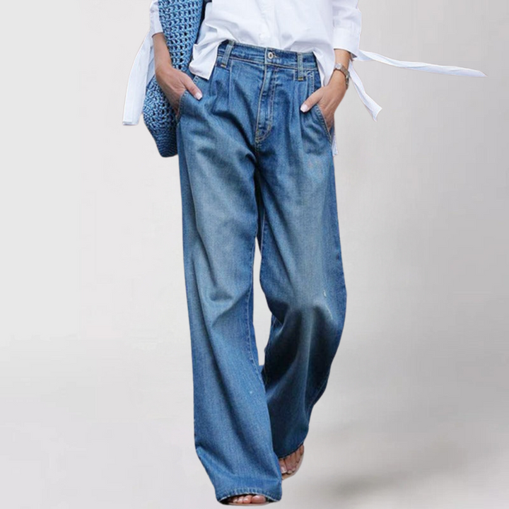 Katerina | Women Pleated Wide Leg High Waisted Blue Jeans