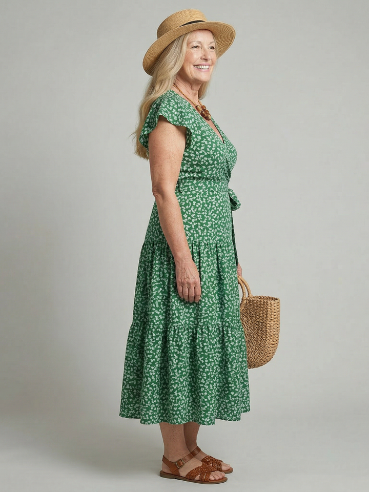 Nirelle | Women's Emerald Green Floral Wrap Flutter Sleeve Dress