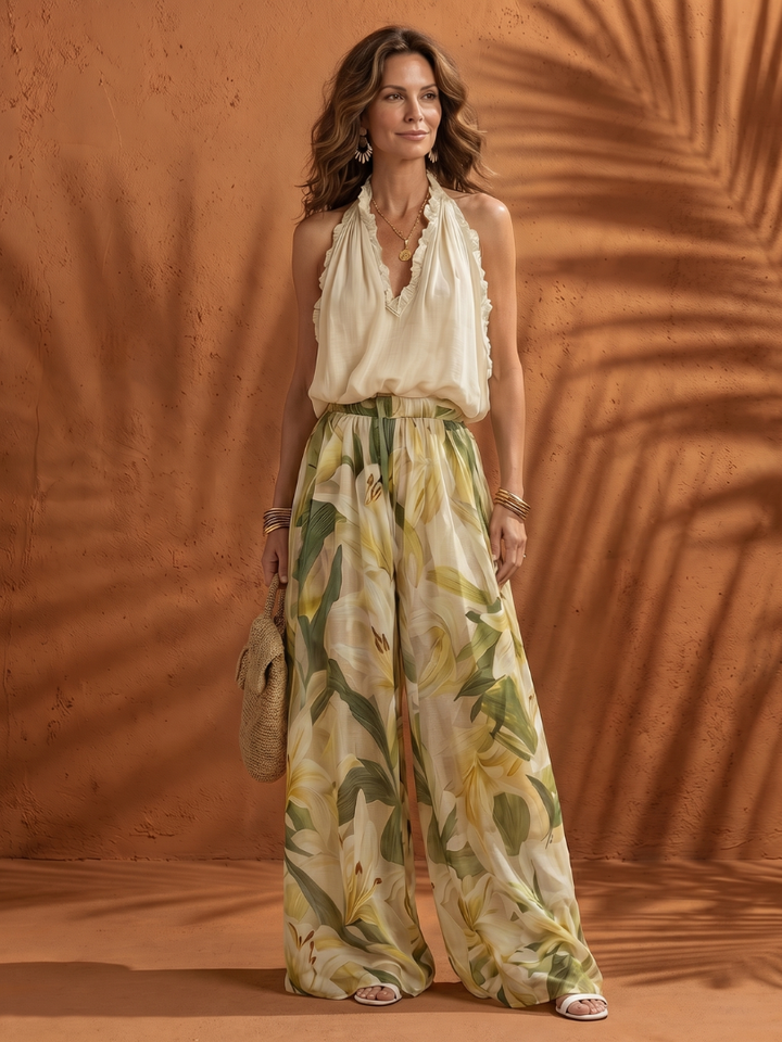 Solange | Women's Halter Floral Wide Leg Two Piece Set