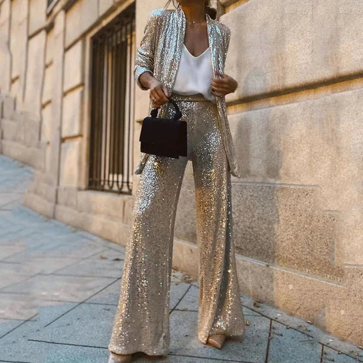 Two Piece Set Sequin Open Front Wide Leg Pant