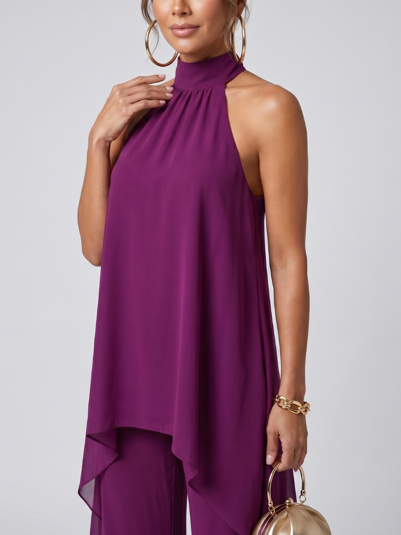 Zareen | Women's Purple Halter High Low Wide Leg Two Piece Set