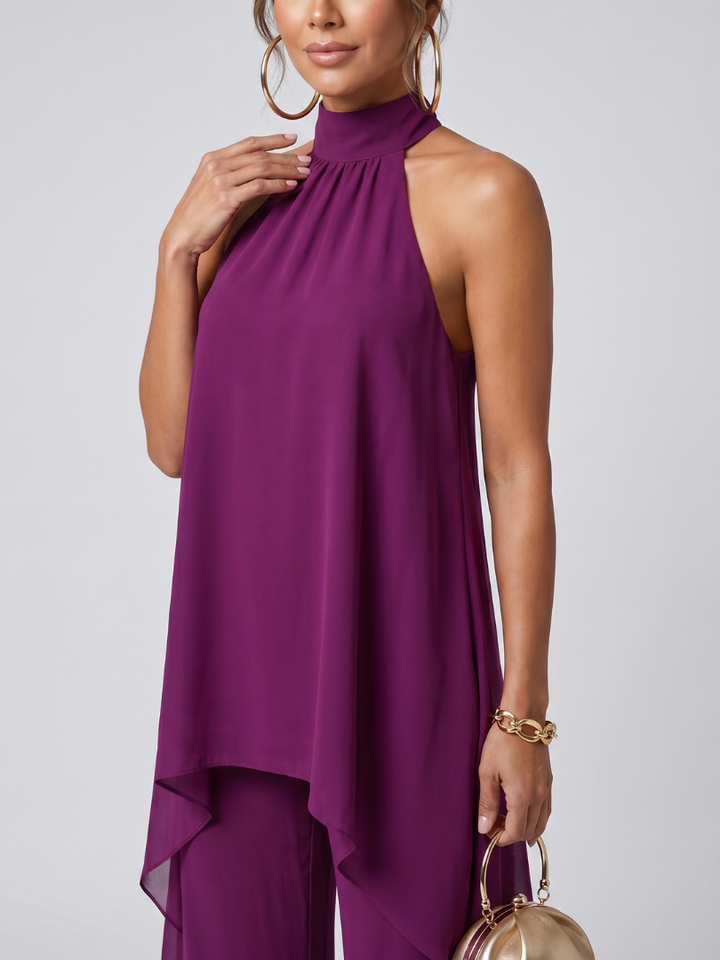 Zareen | Women's Purple Halter High Low Wide Leg Two Piece Set