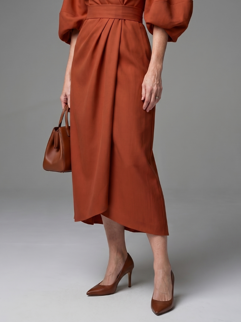 Beryl | Women's Brown Puff Sleeve Wrap Belted Midi Dress