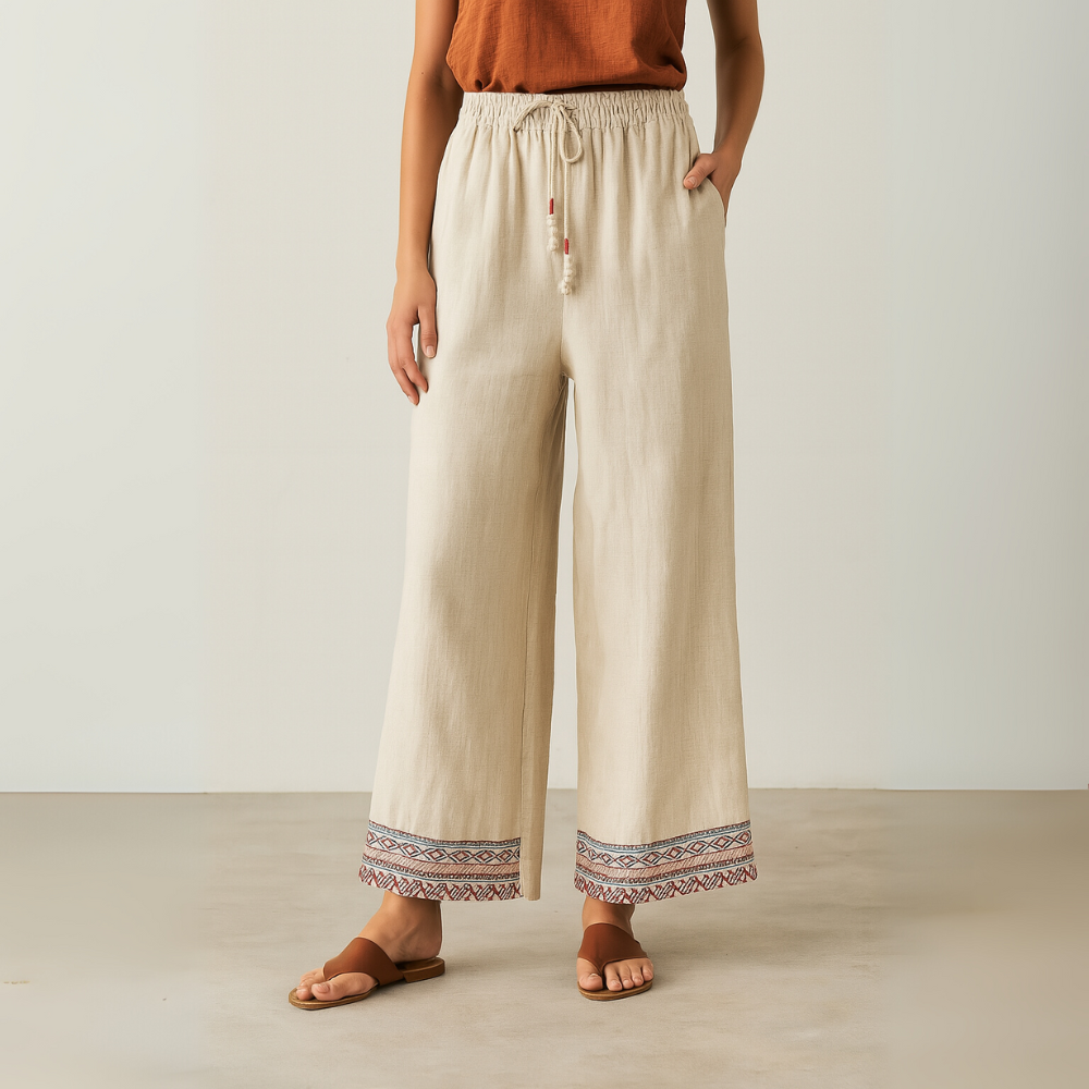 Hildelith | Women Drawstring Linen Flowy Pants
