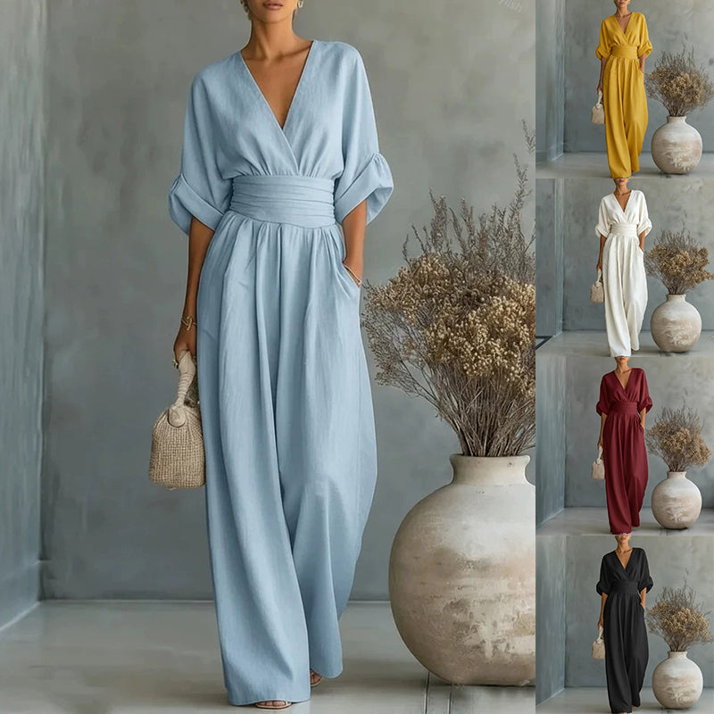 Tallulah | Women Wide Leg V Neck Linen Jumpsuit