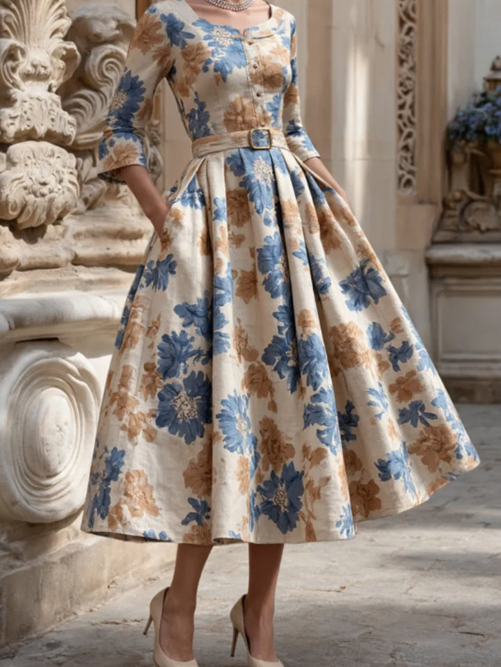 Mirabel | Women's White Floral Square Neck Elbow Sleeve Belted Wedding Guest Pockets Dress