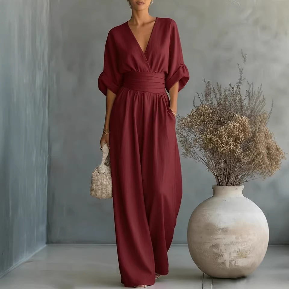 Tallulah | Women Wide Leg V Neck Linen Jumpsuit