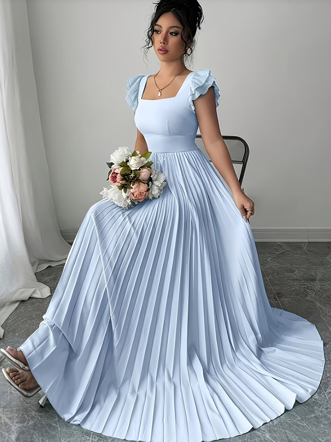 Ivory Floral Square Neck Ruffle Sleeve Pleated A Line Maxi Wedding Guest Dress