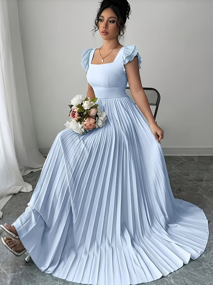 Ivory Floral Square Neck Ruffle Sleeve Pleated A Line Maxi Wedding Guest Dress