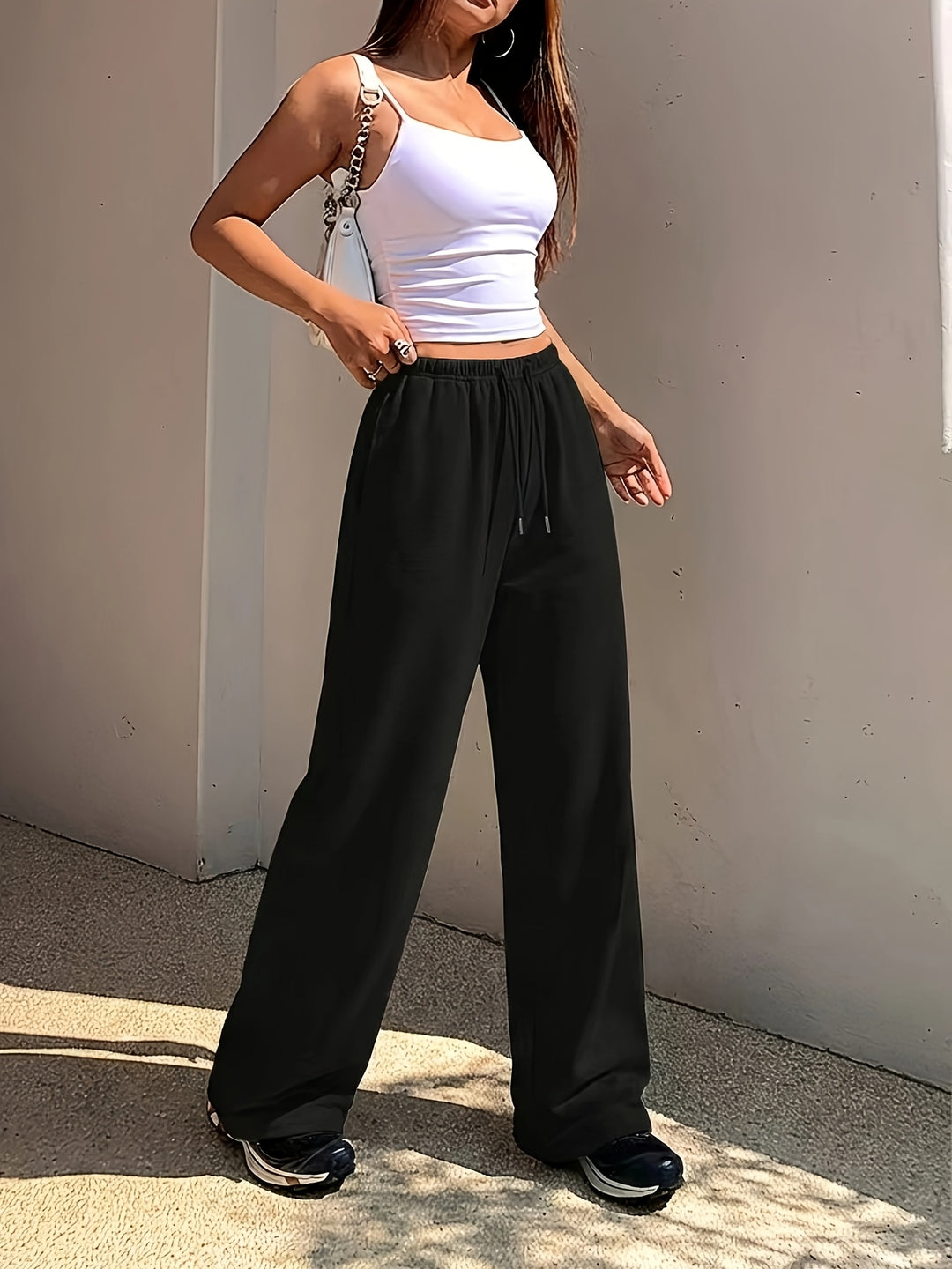 Stylish Black Knit Wide Leg Pants for Women with Flowy Casual Style