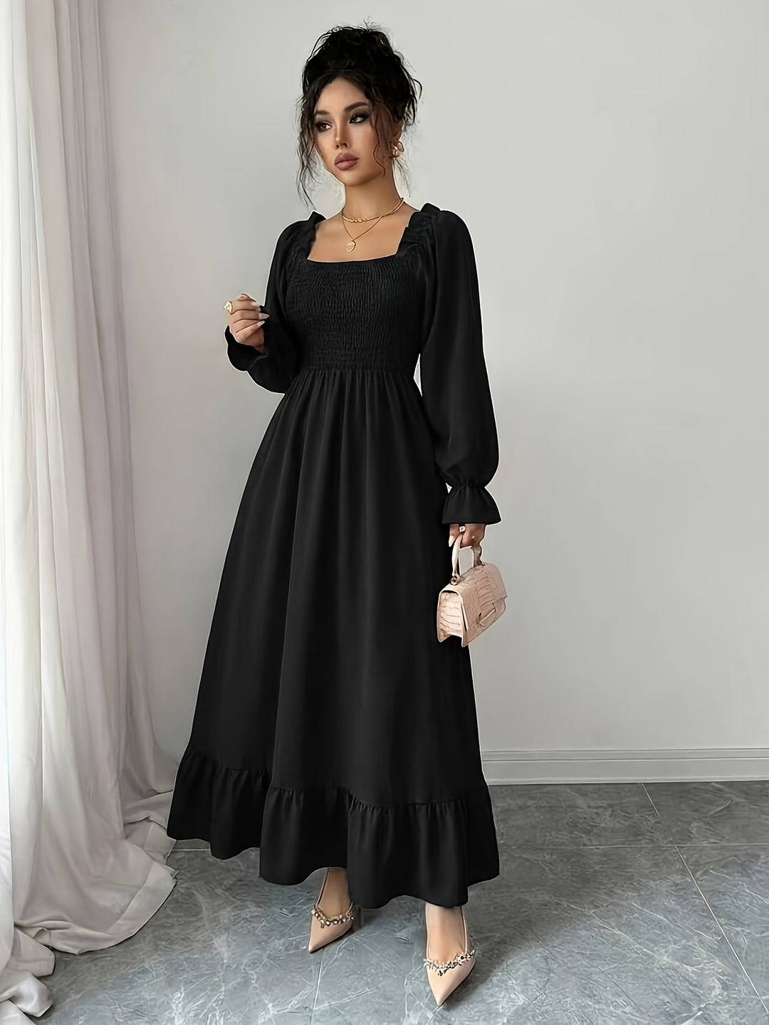 Serena | Women's Flare Square Neck Long Sleeve Evening Gown