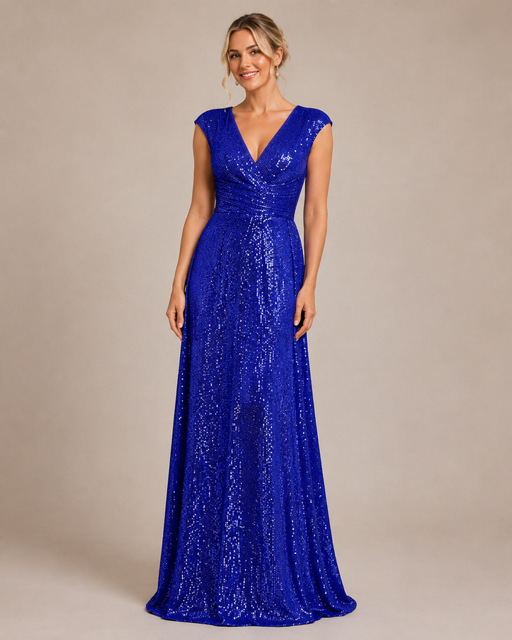 Coralie | Women's Sequin V Neck Cap Sleeve Wrap Front Evening Gown