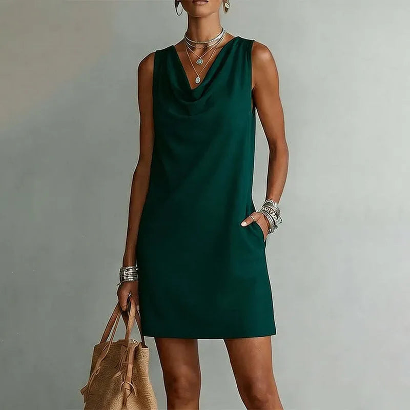Cowl Neck Sleeveless Pocket Casual Shift Mini Sundress