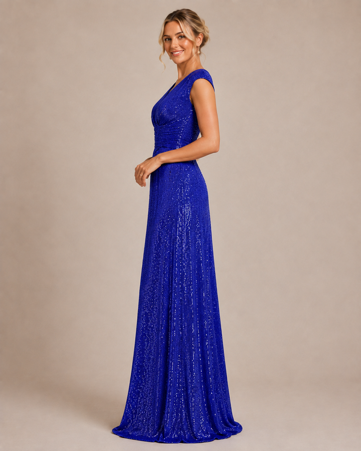 Coralie | Women's Sequin V Neck Cap Sleeve Wrap Front Evening Gown