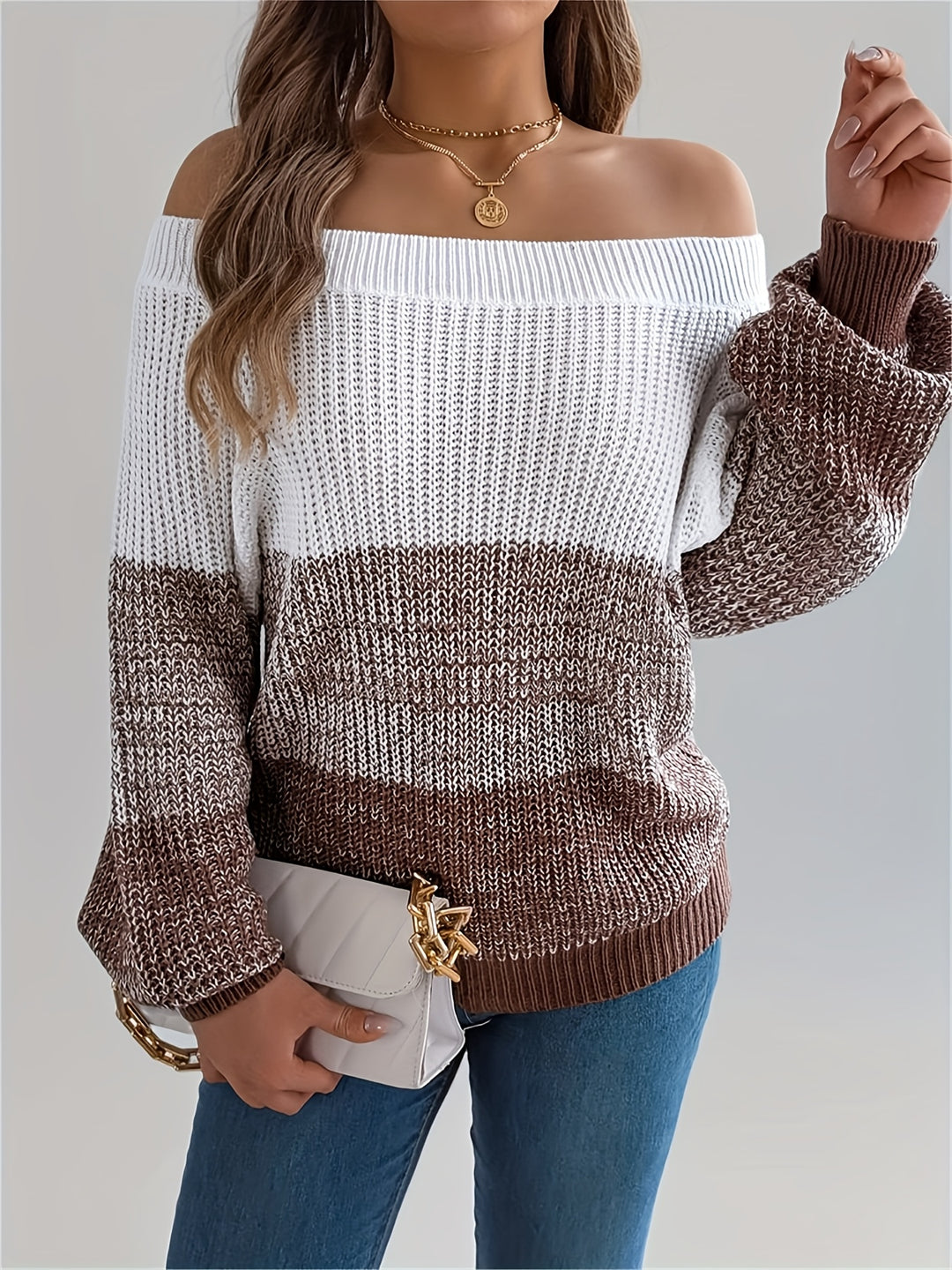 Cozy Camel Fall Sweater for Women with Off Shoulder Breton