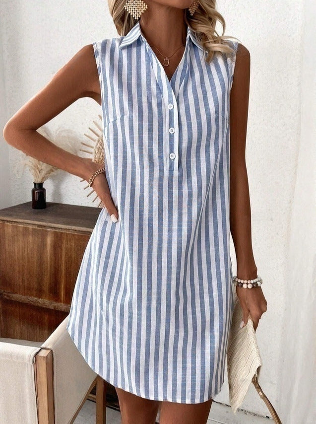 Collared Sleeveless Button Front Striped Casual Shirt Dress Mini Sundress