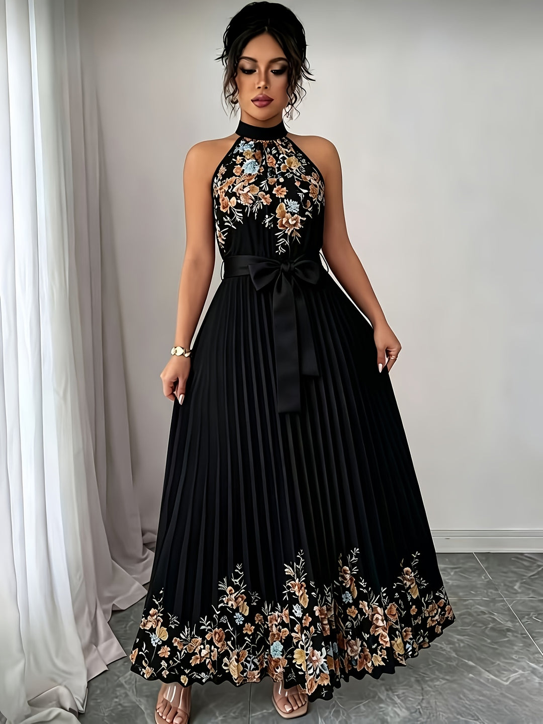 Women's Black Floral Halter Neck Pleated Belted Maxi Wedding Guest Dress